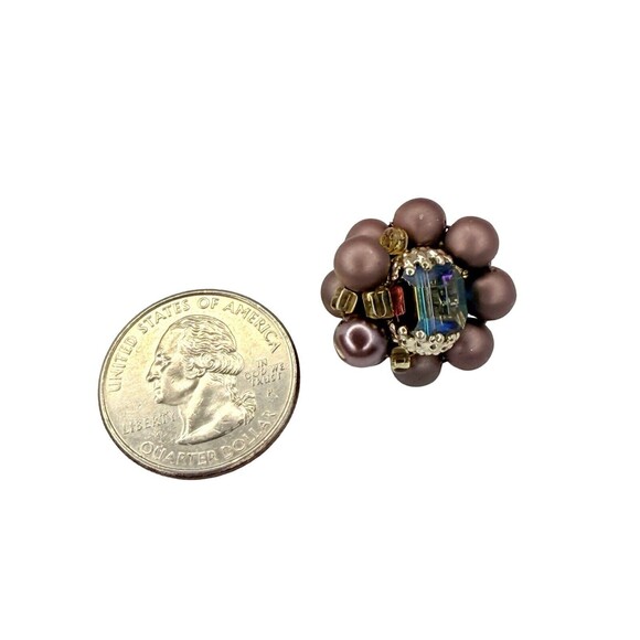 Vintage Japan Purple Rhinestone Flower Clip-On Earrings 1" Beaded Jewelry - Picture 11 of 11